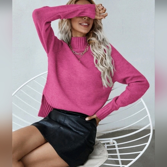 New Ribbed High Low Mock Neck Knit Sweater Top Bright Pink - Picture 6 of 9